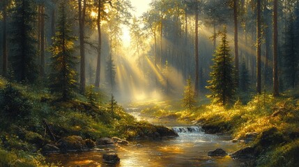 Obraz premium Sunbeams illuminate a tranquil forest stream, surrounded by lush greenery and tall trees.