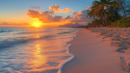 A breathtaking beach scene at sunset, with golden sand, gently swaying palm trees, and beautiful blue water. 