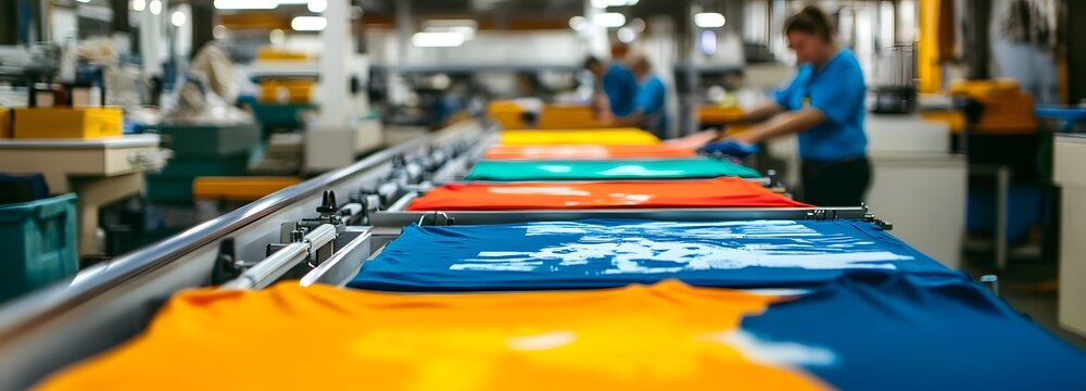 A custom t-shirt printing shop with machines printing vibrant designs, workers preparing shirts for customers