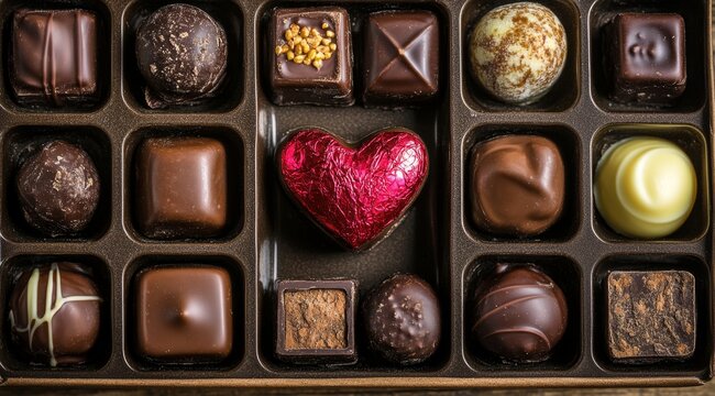 Assorted gourmet chocolates with heart-shaped centerpiece in box