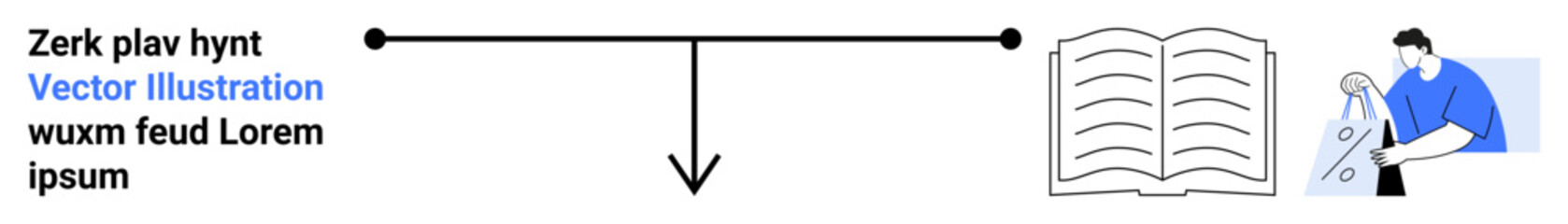 Flowchart demonstrating the process starting from text, moving through an arrow, and ending with a book and a person working on a manuscript. Ideal for publishing, education, design, content