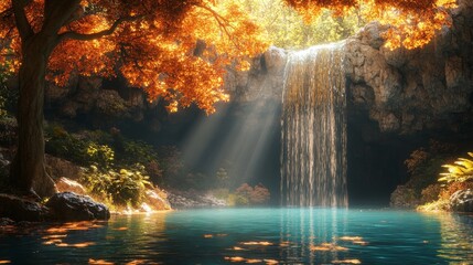 Serene autumn waterfall in sunlit forest with clear pool and lush foliage