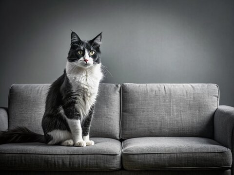 Black and White Cat Resting on Gray Sofa - Cozy Pet Stock Photo