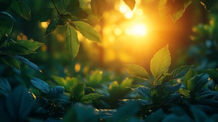 Obraz premium Lush greenery with sunlight streaming through leaves in a serene forest