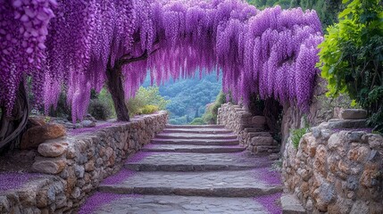 Enchanting wisteria pathway with stone steps and vibrant purple blossoms