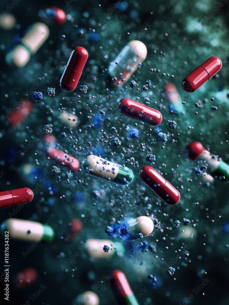 Poster pills surrounding and attacking harmful bacteria, illustrating advancements in medical science and t