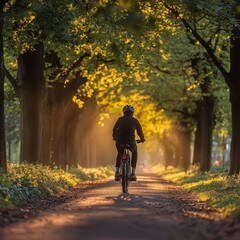 Obraz premium Serene Bicycle Ride Through Sunlit Forest Path