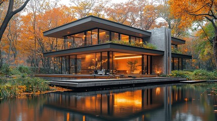 Obraz premium Modern house surrounded by autumn trees and water.
