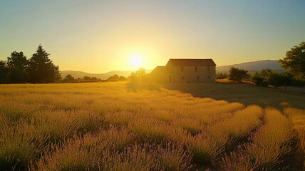 Obraz premium Picturesque Provence Sunrise. Rolling lavender fields, stone farmhouse & sunrise sky. Tranquil & idyllic landscape. Beautiful French countryside scene.