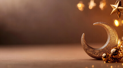 Glittering crescent moon and star with festive golden lights on a soft beige background, celebrating Eid Al-Fitr.	