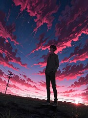 Fototapeta premium Melancholic Evening: Anime Boy and Sunset Glow