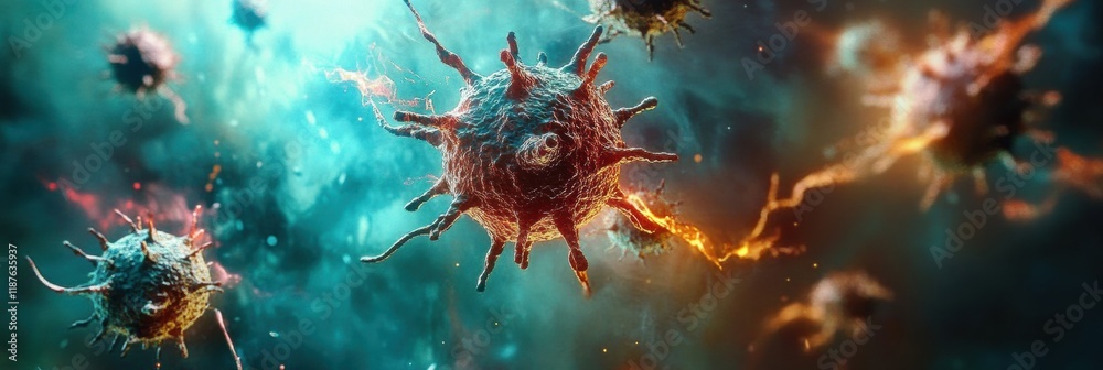 Fototapete virus undergoing transformation and mutation in a vibrant microscopic environment full of colors and