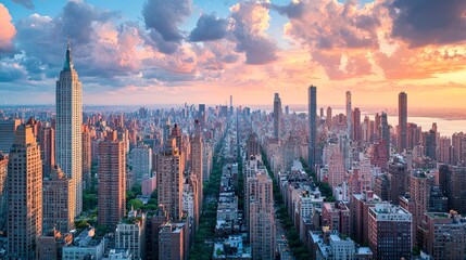Obraz premium Spectacular NYC Skyline at Sunset: Breathtaking Aerial View of Manhattan
