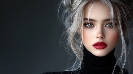 Fototapeta premium High fashion portrait model dramatic pose burgundy lips spiral curls vintage inspired elegant attire dark background silver accent lighting Ultra-Realistic Photo Realistic highly detailed 