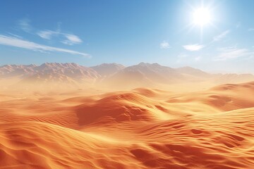 Naklejka premium Sunny desert landscape with sand dunes and mountains under a clear blue sky.