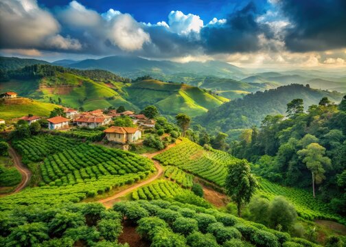 Madikeri Karnataka Coffee Plantation Landscape, Misty Mountain Views, Tourist Destination