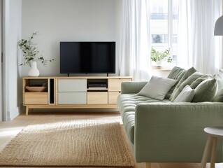 Cozy scandinavian living room with green sofa and wooden furniture