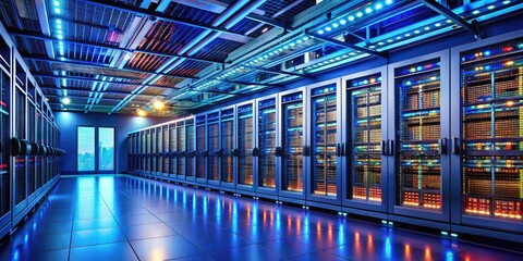 Fototapeta premium Mainframe Data Center Server Room - AI Photorealistic Rendering