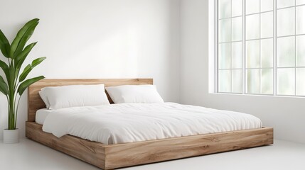 Minimalist wooden bed in bright room with large window and green plant