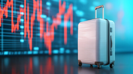 A sleek silver suitcase stands against a digital backdrop with a fluctuating red line graph, symbolizing travel and data analysis.