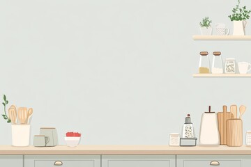 Cozy minimalist kitchen with wooden utensils and herbs on shelves