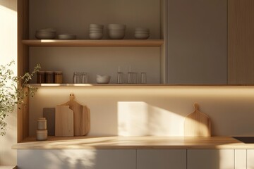 Fototapeta premium Minimalist kitchen design with wooden accents and soft lighting