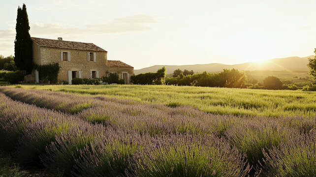 Picturesque Provence Sunrise. Rolling lavender fields, stone farmhouse & sunrise sky.  Tranquil & idyllic landscape.  Beautiful French countryside scene.

