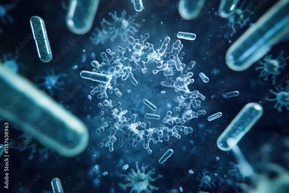 Poster pills encircle and engage bacteria in symbolic representation of medical advancements. generative ai
