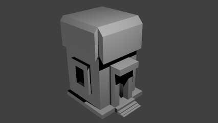 A particular design house isolated on grey background. The house have a roof, entrance door and side windows 