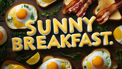 A breakfast of fried eggs, toast, and bacon on a wood surface with some greenery is a great image for recipe or food blog posts