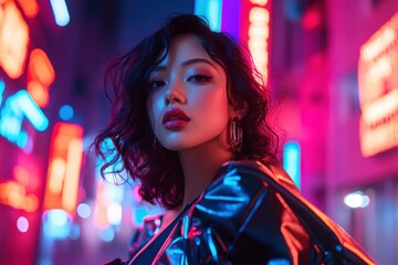 Asian young female in neon lights with short hair and metallic jacket