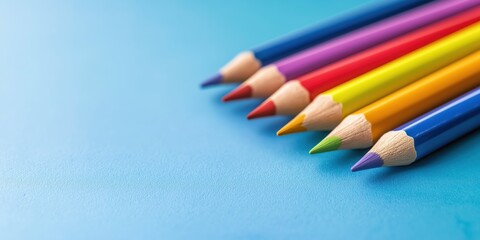 Obraz premium A crisp image showcasing a variety of colored pencils arranged neatly, highlighting vivid hues against a bright blue background, symbolizing creativity and expression.