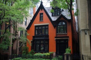 Fototapeta premium Historic brick house with black accents surrounded by greenery in an urban neighborhood showcasing architectural beauty and charm