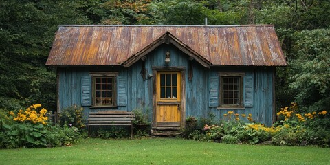 A charming and rustic small wooden cabin with a weathered metal roof nestled amidst vibrant yellow flowers and lush greenery in a serene forest setting