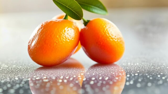 Fresh clementines with vibrant peel and leaves reflecting on a polished surface in natural light