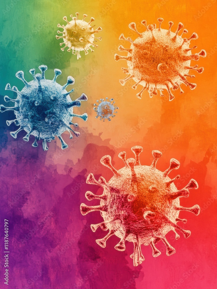 Poster Progression of virus forms highlighting transformation from simple to complex structures with vibrant colors and textures. Generative AI