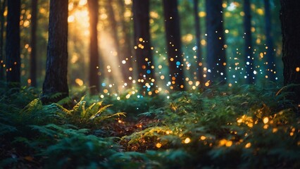 Magical sparkling misty rain with golden hour light and lush green forest floor landscape background