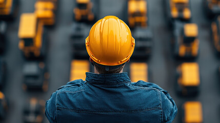 manager oversees transportation logistics in busy yard filled with trucks. yellow hard hat symbolizes safety and authority in this industrial environment