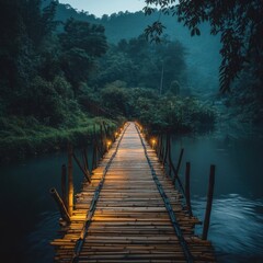 Fototapeta premium Serene Bamboo Bridge at Dusk Over Calm Water