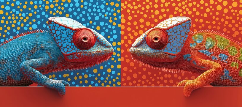 Chameleons facing, vibrant colors, dotted background, advertising concept