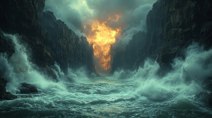 Fototapeta premium Surreal ocean waves crashing against rocky cliffs under apocalyptic fiery sky