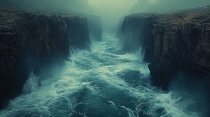 Majestic foggy canyon with rushing river between tall cliffs at dusk