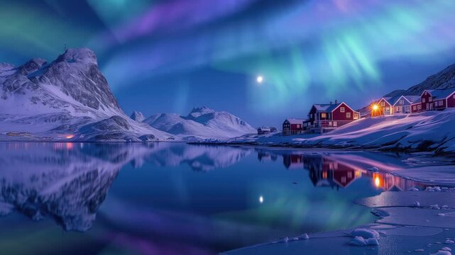 Greenland Nuuk Aurora Reflections Along Shore Tilt Down Generative AI