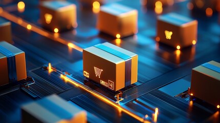 Aerial View of Modern Logistics Hub with Connected Packages and Bright Lights