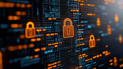Secure network connection with digital padlocks and data streams. This represents cybersecurity and data protection in modern digital environment
