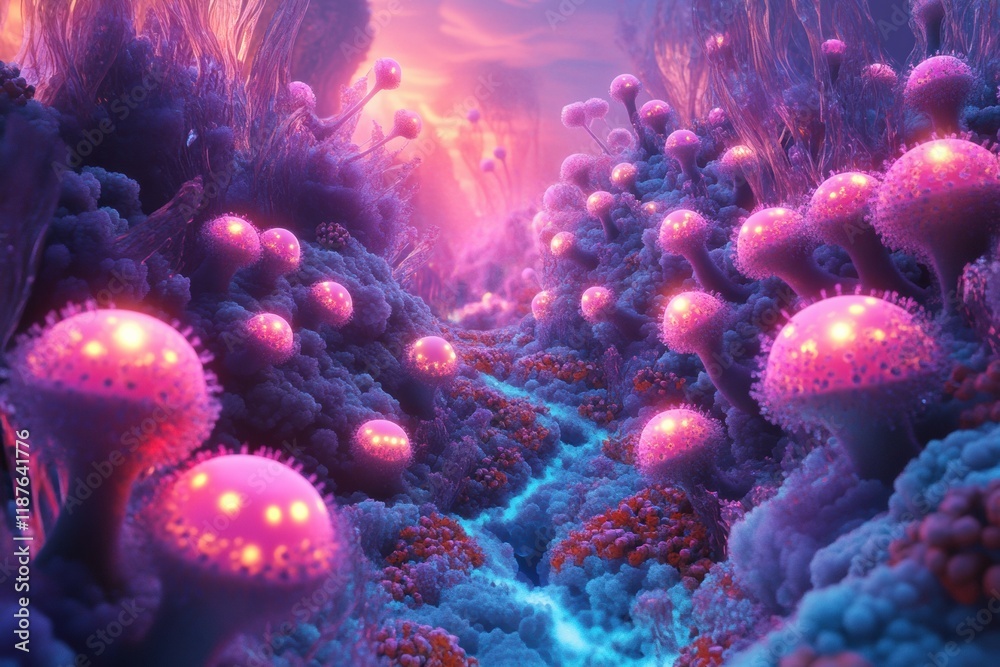 Poster vibrant microscopic landscape features glowing viruses among surreal cellular structures during a st