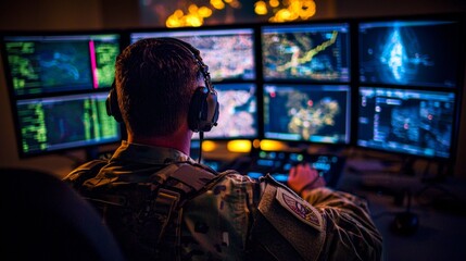 Military Operator Monitoring Multiple Screens in High-Tech Command Center Environment