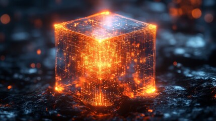 Futuristic glowing cube with digital patterns on dark surface
