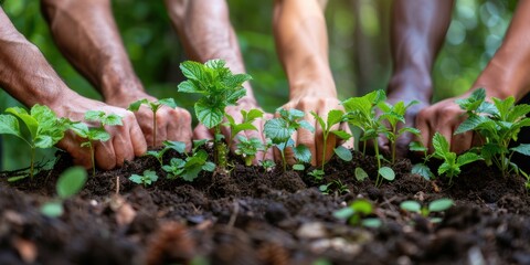 A group of diverse individuals collaboratively engaging in the planting of young seedlings in a lush garden setting, highlighting teamwork and environmental consciousness