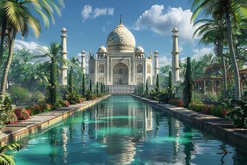 Naklejka premium Taj Mahal reflected in a calm pool, surrounded by lush gardens under a vibrant sky.